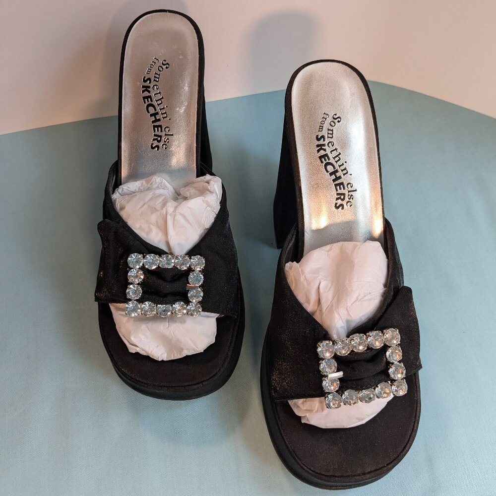 Vintage Chunky Heel Shimmer Black Platform Skechers Rhinestone Buckle Heels - Picture 4 of 16